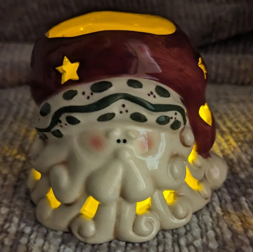 VTG Ceramic Santa Head Tea Light Votive Candle Holder W/Stars‎ And Tree Cut-Outs